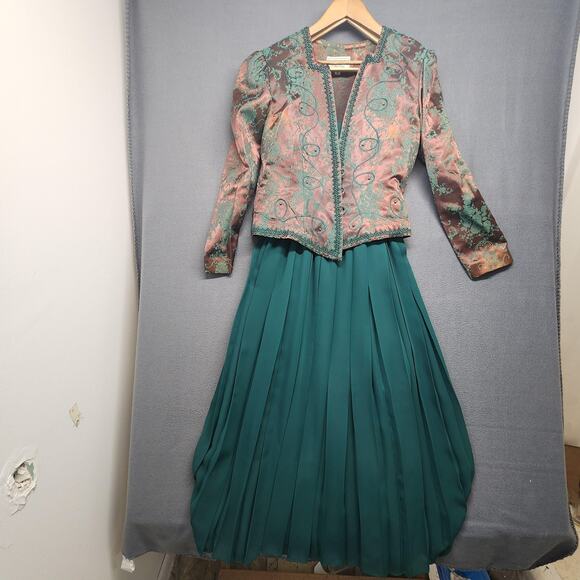 Womens Victorian Style Dress Jacket Set 10 Green Brown Brocade Pleated Oriental - Picture 1 of 16